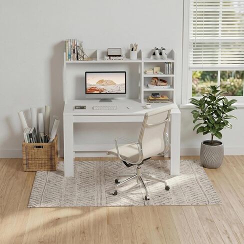 WINAZ White Computer Desk with Hutch and Power Outlet - 43 Inch Small Space Study Writing Table with Storage Shelves Monitor Stand, Modern Home Office Workstation Desks for Bedroom, Easy Assembly in Kuwait