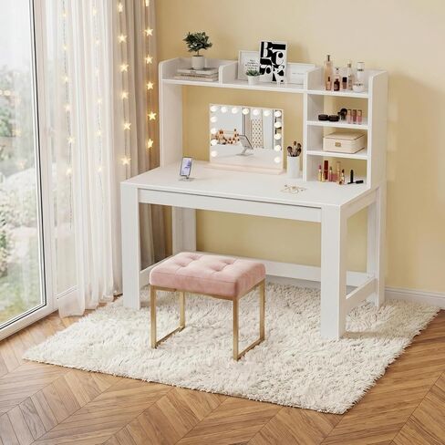 WINAZ White Computer Desk with Hutch and Power Outlet - 43 Inch Small Space Study Writing Table with Storage Shelves Monitor Stand, Modern Home Office Workstation Desks for Bedroom, Easy Assembly in Kuwait