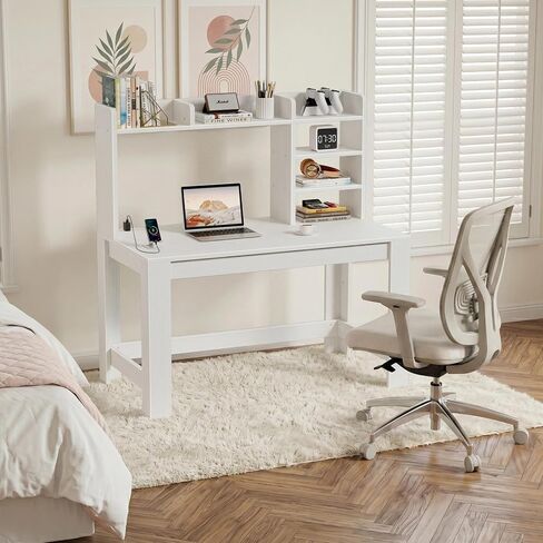 WINAZ White Computer Desk with Hutch and Power Outlet - 43 Inch Small Space Study Writing Table with Storage Shelves Monitor Stand, Modern Home Office Workstation Desks for Bedroom, Easy Assembly in Kuwait