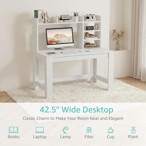WINAZ White Computer Desk with Hutch and Power Outlet - 43 Inch Small Space Study Writing Table with Storage Shelves Monitor Stand, Modern Home Office Workstation Desks for Bedroom, Easy Assembly in Kuwait