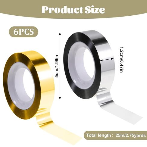6 Rolls Metallic Mirror Tape, Gold & Silver 1/2 Inch Self Adhesive Mirror Tape Polyester Film Decor Tapes DIY Graphic ArtTape for Wall Decor TV Frame Crafts Decoration and Gift Box Wrapping in Kuwait