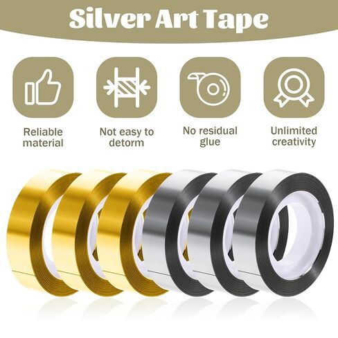 6 Rolls Metallic Mirror Tape, Gold & Silver 1/2 Inch Self Adhesive Mirror Tape Polyester Film Decor Tapes DIY Graphic ArtTape for Wall Decor TV Frame Crafts Decoration and Gift Box Wrapping in Kuwait