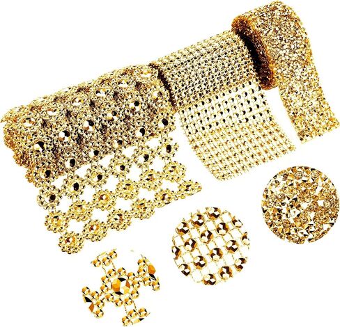 WILLBOND 3 Rolls 3 Yards Bling Crystal Rhinestone Ribbon 3 Styles Gold Diamond Ribbons Flower Mesh Faux Crystal Diamond Ribbon Wrap Banding Belt Wrap for Cake DIY Crafts Wedding Birthday Party Decor in Kuwait
