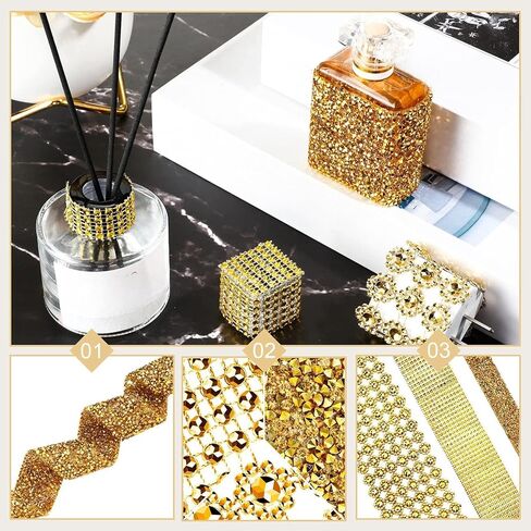 WILLBOND 3 Rolls 3 Yards Bling Crystal Rhinestone Ribbon 3 Styles Gold Diamond Ribbons Flower Mesh Faux Crystal Diamond Ribbon Wrap Banding Belt Wrap for Cake DIY Crafts Wedding Birthday Party Decor in Kuwait