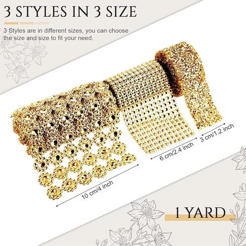 WILLBOND 3 Rolls 3 Yards Bling Crystal Rhinestone Ribbon 3 Styles Gold Diamond Ribbons Flower Mesh Faux Crystal Diamond Ribbon Wrap Banding Belt Wrap for Cake DIY Crafts Wedding Birthday Party Decor in Kuwait