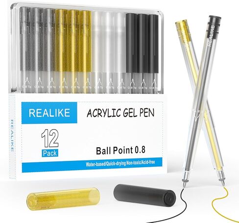 أقلام جل أكريليك REALIKE متوافقة مع Cricut Maker 4/Maker 3/Maker/Explor 4/3/Air 2/Air، أقلام أكريليك سوداء وبيضاء وذهبية فضية للصخور والورق والخشب والقماش والزجاج والسيراميك والنسيج (0.8 نصيحة) in Kuwait