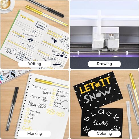 أقلام جل أكريليك REALIKE متوافقة مع Cricut Maker 4/Maker 3/Maker/Explor 4/3/Air 2/Air، أقلام أكريليك سوداء وبيضاء وذهبية فضية للصخور والورق والخشب والقماش والزجاج والسيراميك والنسيج (0.8 نصيحة) in Kuwait