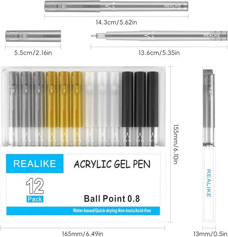 أقلام جل أكريليك REALIKE متوافقة مع Cricut Maker 4/Maker 3/Maker/Explor 4/3/Air 2/Air، أقلام أكريليك سوداء وبيضاء وذهبية فضية للصخور والورق والخشب والقماش والزجاج والسيراميك والنسيج (0.8 نصيحة) in Kuwait
