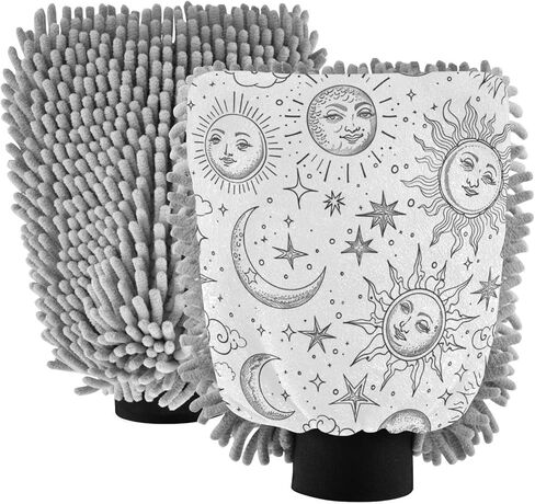 ALAZA Sun Stars Crescent Moon Cloud Car Wash Mitt Scratch Free, 2 Pack Absorbent Microfiber/Chenille Washing & Drying Mitts, M in Kuwait