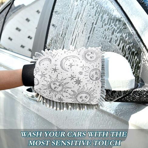 ALAZA Sun Stars Crescent Moon Cloud Car Wash Mitt Scratch Free, 2 Pack Absorbent Microfiber/Chenille Washing & Drying Mitts, M in Kuwait