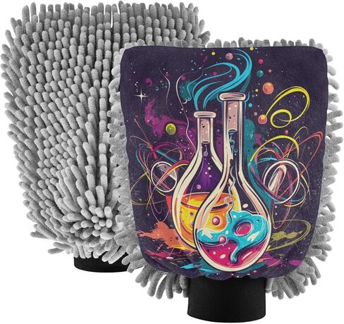 ALAZA Science Instrument Watercolor Car Wash Mitt Scratch Free, 2 Pack Absorbent Microfiber/Chenille Washing & Drying Mitts, M in Kuwait
