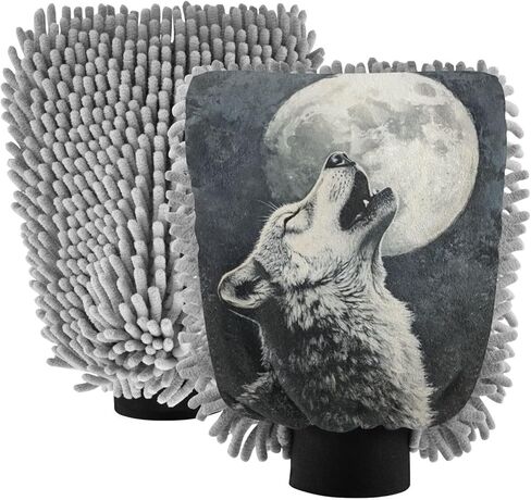 ALAZA Wolf Howling Moon Car Wash Mitt Scratch Free, 2 Pack Absorbent Microfiber/Chenille Washing & Drying Mitts, M in Kuwait
