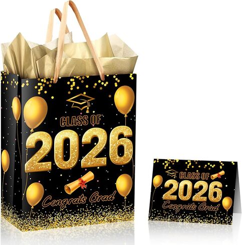 icanstand Black Gold Graduation Gift Bag with Tissue Paper and Greeting Card, 13" Large Congrats Grad Gift Bag Class of 2026 Graduation Party Favor Bag for High School College Graduates in Saudi Arabia