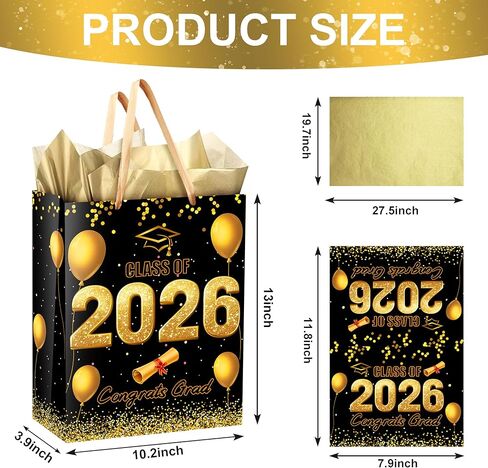 icanstand Black Gold Graduation Gift Bag with Tissue Paper and Greeting Card, 13" Large Congrats Grad Gift Bag Class of 2026 Graduation Party Favor Bag for High School College Graduates in Saudi Arabia