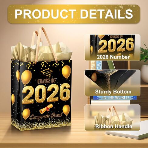 icanstand Black Gold Graduation Gift Bag with Tissue Paper and Greeting Card, 13" Large Congrats Grad Gift Bag Class of 2026 Graduation Party Favor Bag for High School College Graduates in Saudi Arabia