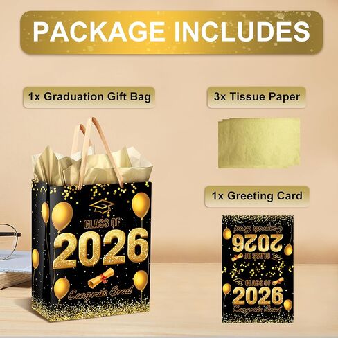 icanstand Black Gold Graduation Gift Bag with Tissue Paper and Greeting Card, 13" Large Congrats Grad Gift Bag Class of 2026 Graduation Party Favor Bag for High School College Graduates in Saudi Arabia