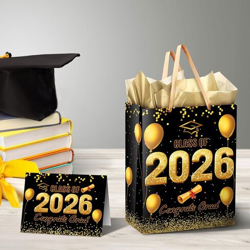 icanstand Black Gold Graduation Gift Bag with Tissue Paper and Greeting Card, 13" Large Congrats Grad Gift Bag Class of 2026 Graduation Party Favor Bag for High School College Graduates in Saudi Arabia