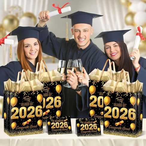 icanstand Black Gold Graduation Gift Bag with Tissue Paper and Greeting Card, 13" Large Congrats Grad Gift Bag Class of 2026 Graduation Party Favor Bag for High School College Graduates in Saudi Arabia
