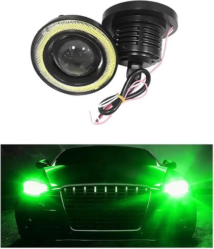 2PCS Car Angel Eye Fog Light, 2.5" Round COB LED Super Bright Vehicle Fish Eye DRL Fog Lamp Bulb, Anti-Vibration Daytime Running Light with Halo Rings, Universal Fit (White/Green) in Saudi Arabia