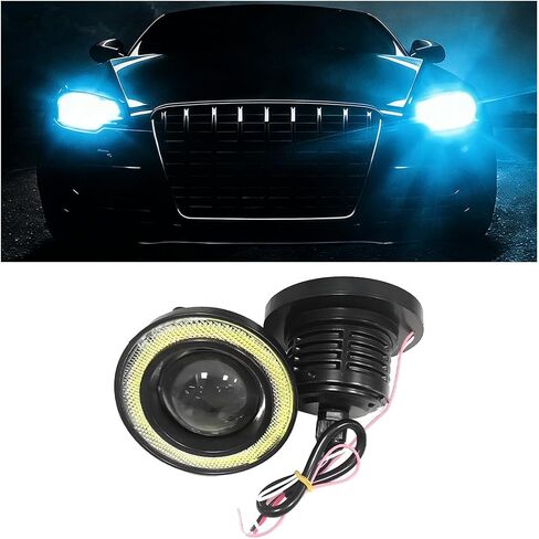 2PCS Car Angel Eye Fog Light, 2.5" Round COB LED Super Bright Vehicle Fish Eye DRL Fog Lamp Bulb, Anti-Vibration Daytime Running Light with Halo Rings, Universal Fit (White/Green) in Saudi Arabia
