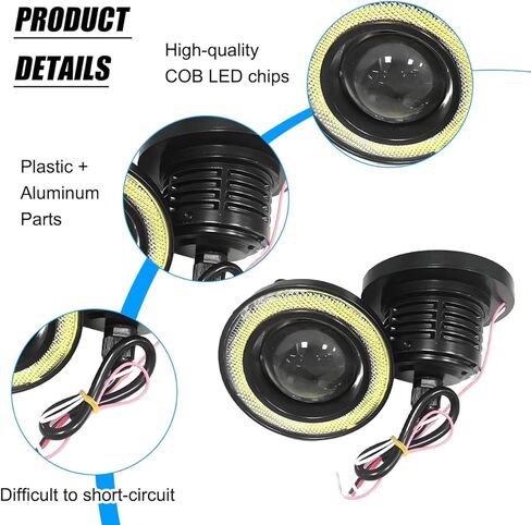 2PCS Car Angel Eye Fog Light, 2.5" Round COB LED Super Bright Vehicle Fish Eye DRL Fog Lamp Bulb, Anti-Vibration Daytime Running Light with Halo Rings, Universal Fit (White/Green) in Saudi Arabia