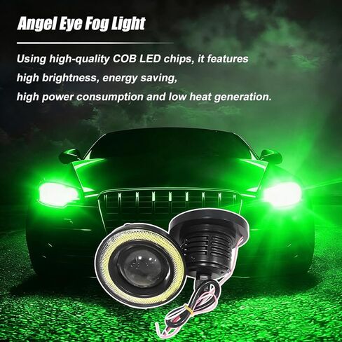 2PCS Car Angel Eye Fog Light, 2.5" Round COB LED Super Bright Vehicle Fish Eye DRL Fog Lamp Bulb, Anti-Vibration Daytime Running Light with Halo Rings, Universal Fit (White/Green) in Saudi Arabia