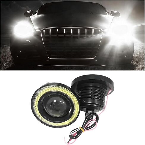 2PCS Car Angel Eye Fog Light, 2.5" Round COB LED Super Bright Vehicle Fish Eye DRL Fog Lamp Bulb, Anti-Vibration Daytime Running Light with Halo Rings, Universal Fit (White/Green) in Saudi Arabia