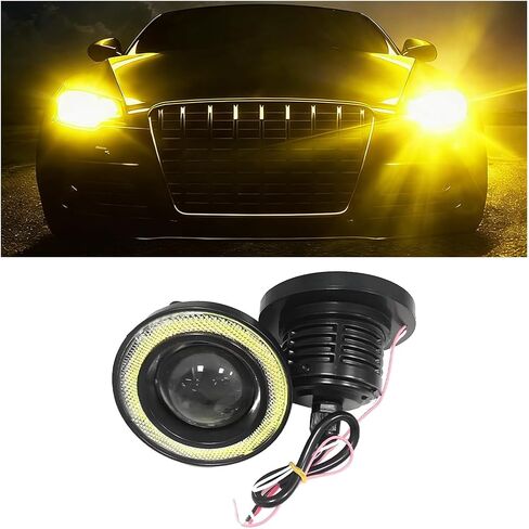 2PCS Car Angel Eye Fog Light, 2.5" Round COB LED Super Bright Vehicle Fish Eye DRL Fog Lamp Bulb, Anti-Vibration Daytime Running Light with Halo Rings, Universal Fit (White/Green) in Saudi Arabia