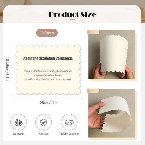 MixTeach 30 Pcs Off White Scalloped Cardstocks 8.5" x 11" Scalloped Edges Cardstock Paper Thick Double Sided Card Stock Printer for Cards Making, Crafts, Scrapbook, Invitations, Drawing, Printing in Kuwait
