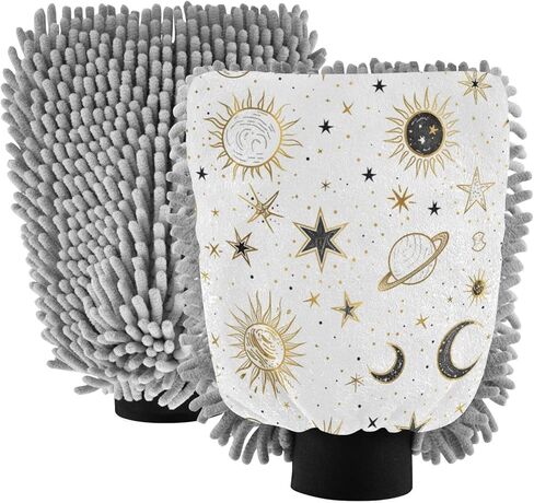 قفاز غسيل السيارات من ALAZA Crescent Sun Moon Star خالٍ من الخدوش، عبوتين من قفازات الغسيل والتجفيف المصنوعة من الألياف الدقيقة الماصة/الشانيل، مقاس L in Kuwait