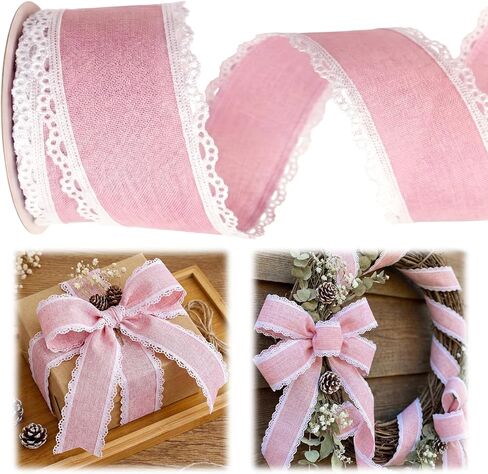 Easter Pink Ribbons for Bow Making, Baby Shower Floral Lace Edge Ribbon Bows Accessories for Crafting Gift Wrapping Decorations in Saudi Arabia