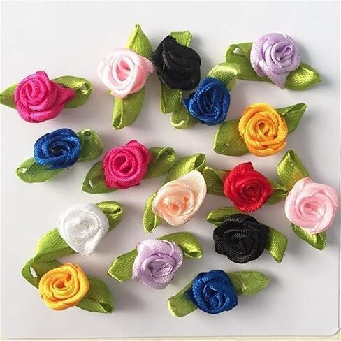 10 Colors Mini Ribbon Roses for Crafts, 100 Pcs Tiny Artificial Fabric Flowers with Leaves Small Rosettes Applique DIY Flower Satin Ribbon Roses for Sewing Bows Wedding Festival Decor in Saudi Arabia