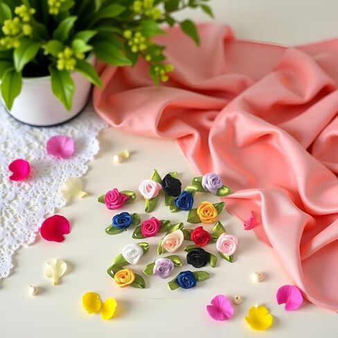 10 Colors Mini Ribbon Roses for Crafts, 100 Pcs Tiny Artificial Fabric Flowers with Leaves Small Rosettes Applique DIY Flower Satin Ribbon Roses for Sewing Bows Wedding Festival Decor in Saudi Arabia
