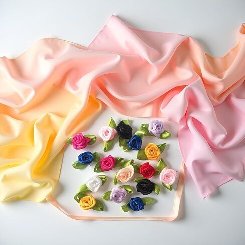 10 Colors Mini Ribbon Roses for Crafts, 100 Pcs Tiny Artificial Fabric Flowers with Leaves Small Rosettes Applique DIY Flower Satin Ribbon Roses for Sewing Bows Wedding Festival Decor in Saudi Arabia