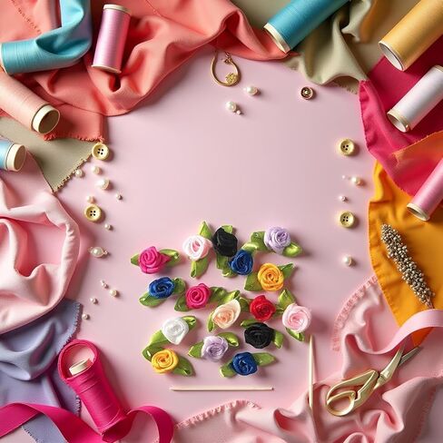 10 Colors Mini Ribbon Roses for Crafts, 100 Pcs Tiny Artificial Fabric Flowers with Leaves Small Rosettes Applique DIY Flower Satin Ribbon Roses for Sewing Bows Wedding Festival Decor in Saudi Arabia