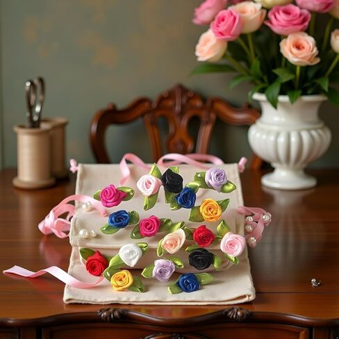 10 Colors Mini Ribbon Roses for Crafts, 100 Pcs Tiny Artificial Fabric Flowers with Leaves Small Rosettes Applique DIY Flower Satin Ribbon Roses for Sewing Bows Wedding Festival Decor in Saudi Arabia