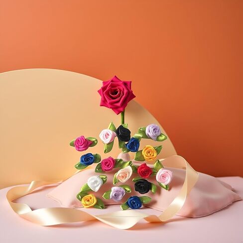10 Colors Mini Ribbon Roses for Crafts, 100 Pcs Tiny Artificial Fabric Flowers with Leaves Small Rosettes Applique DIY Flower Satin Ribbon Roses for Sewing Bows Wedding Festival Decor in Saudi Arabia