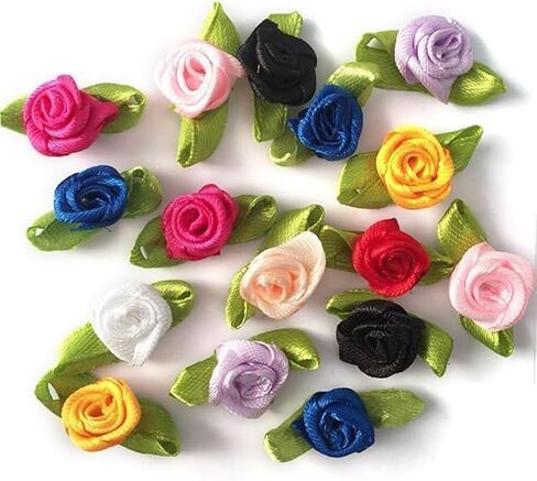 10 Colors Mini Ribbon Roses for Crafts, 100 Pcs Tiny Artificial Fabric Flowers with Leaves Small Rosettes Applique DIY Flower Satin Ribbon Roses for Sewing Bows Wedding Festival Decor in Saudi Arabia