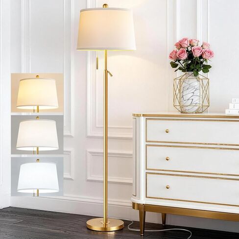 Gold Floor Lamp for Living Room, Modern Standing Lamp 55-67" Height Adjustable Brass Tall Floor Lamp with Pull Chain Switch and 3 CCT LED Blub for Living Room, Bedroom, Office & Corner Reading in Saudi Arabia