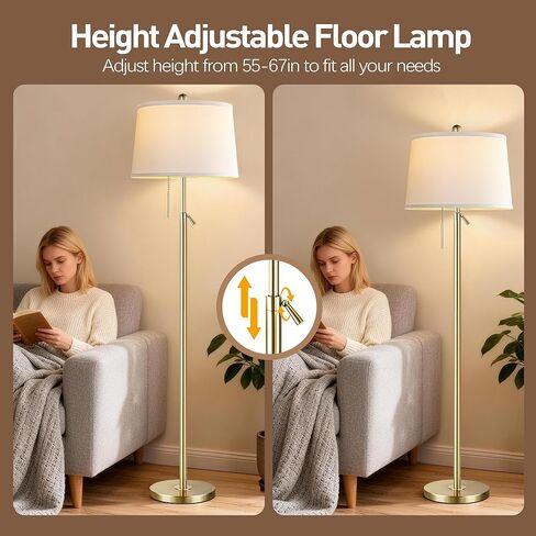 Gold Floor Lamp for Living Room, Modern Standing Lamp 55-67" Height Adjustable Brass Tall Floor Lamp with Pull Chain Switch and 3 CCT LED Blub for Living Room, Bedroom, Office & Corner Reading in Saudi Arabia