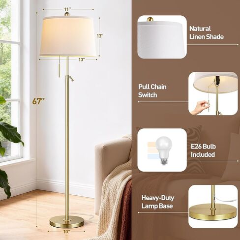 Gold Floor Lamp for Living Room, Modern Standing Lamp 55-67" Height Adjustable Brass Tall Floor Lamp with Pull Chain Switch and 3 CCT LED Blub for Living Room, Bedroom, Office & Corner Reading in Saudi Arabia