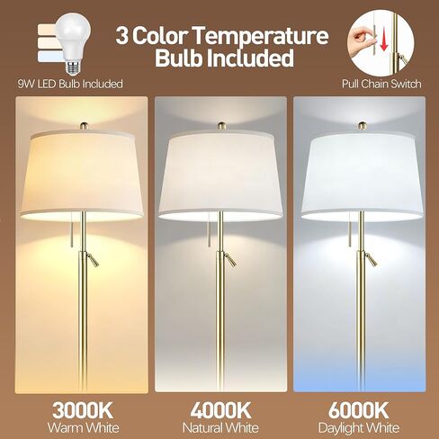 Gold Floor Lamp for Living Room, Modern Standing Lamp 55-67" Height Adjustable Brass Tall Floor Lamp with Pull Chain Switch and 3 CCT LED Blub for Living Room, Bedroom, Office & Corner Reading in Saudi Arabia