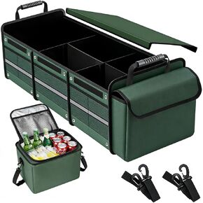 Car Trunk Organizer with Removable Cooler Bag - Collapsible Multi-Compartment Storage for SUV Truck Groceries Camping, Durable Nylon Auto Cargo Organizer (Green) in Saudi Arabia