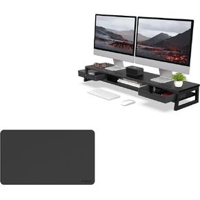 Fenge Dual Monitor Stand with Drawer & Desk Pad Bundle, 42.5 Inch 2-Tier Wooden Monitor Riser (Wooden & Metal Structure) & 23.6×13.8 Inch Double-Sided Waterproof Mouse Mat for Home Office in Saudi Arabia
