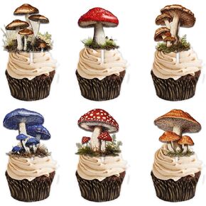 18pcs Glitter Mushroom Cupcake Topper Cheer to Wild Woodland Plant Theme Baby Shower Party Decoration Picks for Boy Girl Happy Birthday Favour Decor Supplies Set in Kuwait