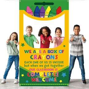Back to School Crayon Box Photo Booth Decoration Frame Giant First Day of School Crayons Box Photo Backdrop Crayons Hanging Banner Backdrop for Teachers Classroom Supplies in Saudi Arabia