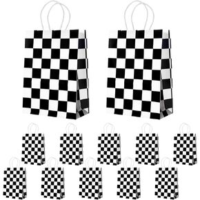 WATMTIN 12 Pcs Checkered Racing Treat Bags, Race Car Goodie Bags with Handles, Black and White Checkered Candy Gift Paper Bag for Birthday Party Games Event Decorations in Saudi Arabia