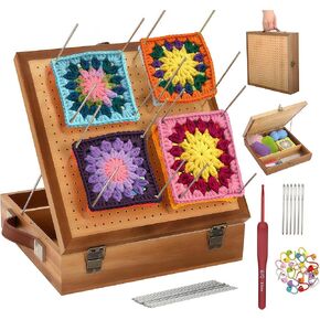 BROWNKNOT 11.4'' Crochet Blocking Board with Storage Drawer & Pegs, Grammy Square Bamboo Blocking Boards for Crochet Projects, Crocheting Accessories Gifts for Grandmothers, Crocheters in Saudi Arabia