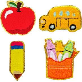 4PCS Back to School Iron On Patches - Glitter Chenille Embroidered Pencil, Apple & School Bus, DIY Sew On/Iron on Badges for Kids Jacket, Backpack, Jeans, First Day of Class Decor (Yellow) in Saudi Arabia