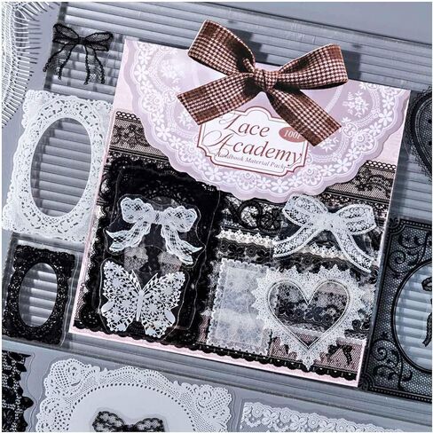 100Pcs Black White Lace Stickers for Scrapbooking Supplies, Aesthetic Frame Border Stickers for Scrapbook Decor, Transparent PET Floral Lace Embellishments for Journaling, Junk Journal Kit in Saudi Arabia